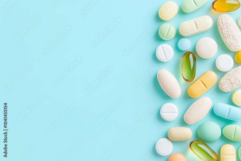 An Assortment of Multivitamin Gummy Supplements Arranged on a Textured Pastel Blue Background, Health An Assortment of Multivitamin Gummy Supplements Arranged on a Textured Pastel Blue Background, Health