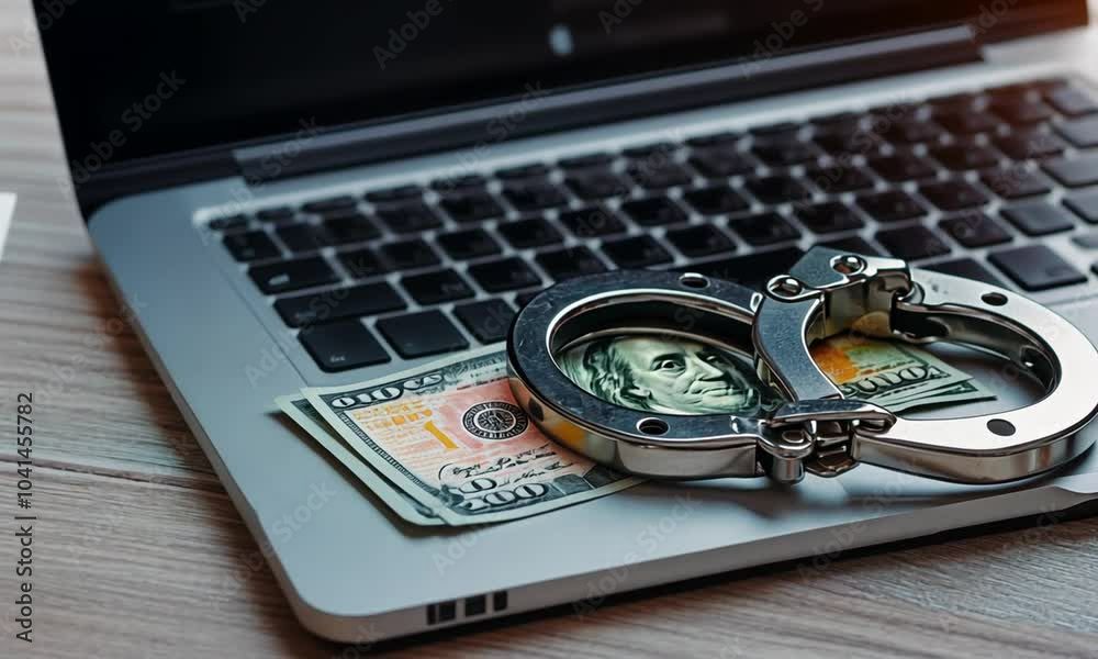 Handcuffs on a laptop with US dollar bills Handcuffs on a laptop with US dollar bills