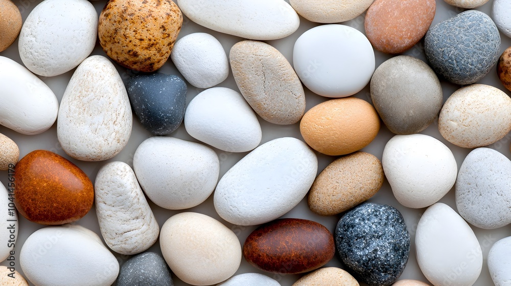 Detailed 3D pebble texture showcasing soft rounded stones in a variety of neutral tones creating a calming and serene natural surface background Detailed 3D pebble texture showcasing soft rounded stones in a variety of neutral tones creating a calming and serene natural surface background