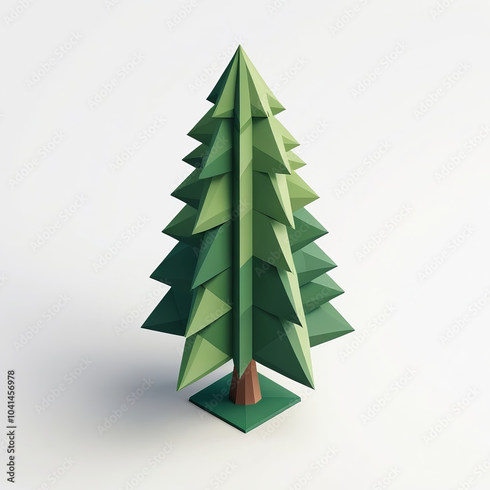 Fototapeta premium A low-poly pine tree stands tall against a white background.
