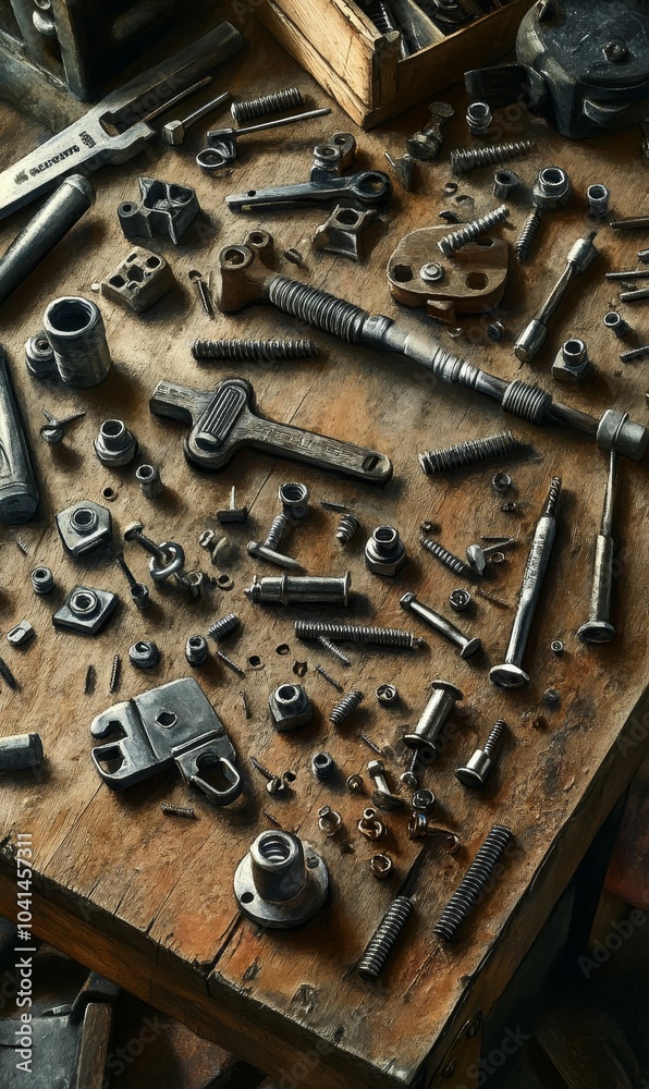 Metal tools and parts scattered on wooden workbench. Metal tools and parts scattered on wooden workbench.