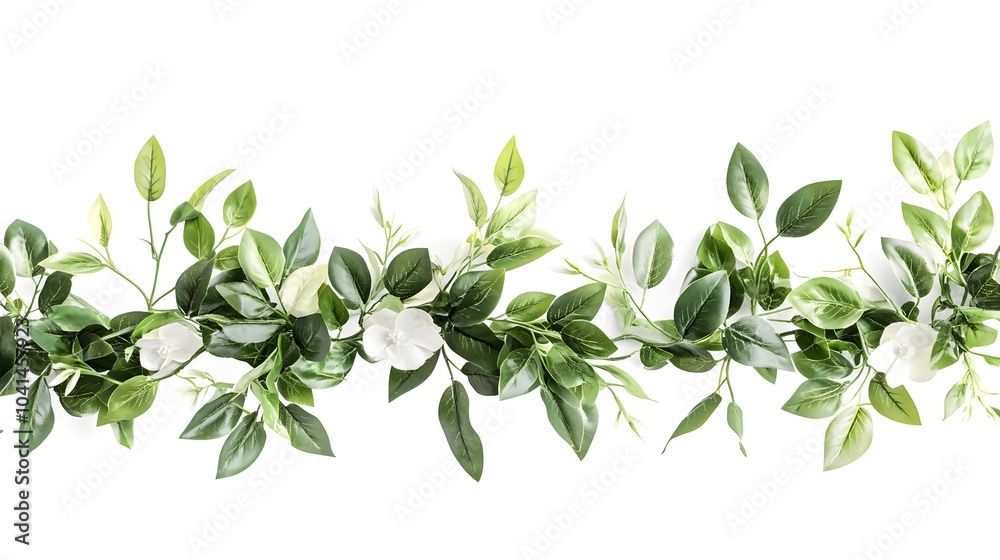 Lush green foliage garland with white flowers on a white background Lush green foliage garland with white flowers on a white background