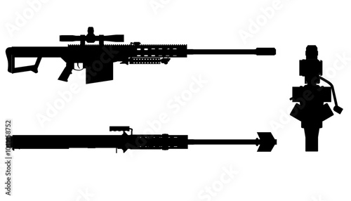 Black sniper rifle silhouette vector illustration on white background. Sniper icon. Sniper silhouette. Machine gun vector silhouette illustration isolated on white background. Side, top, front view