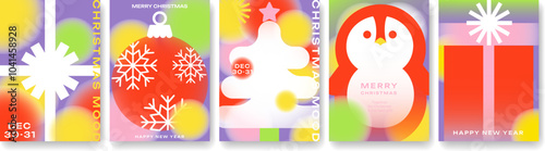 Festive Christmas and New Year cards with trees, penguin, and gifts. Perfect for holiday greetings, invitations, banners, and other Christmas projects. Bright and modern design for the holiday season.