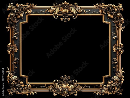 Elegant Gold Floral Frame on Black Background: Perfect Vintage Art Deco Poster for Stylish Interiors and Timeless Décor