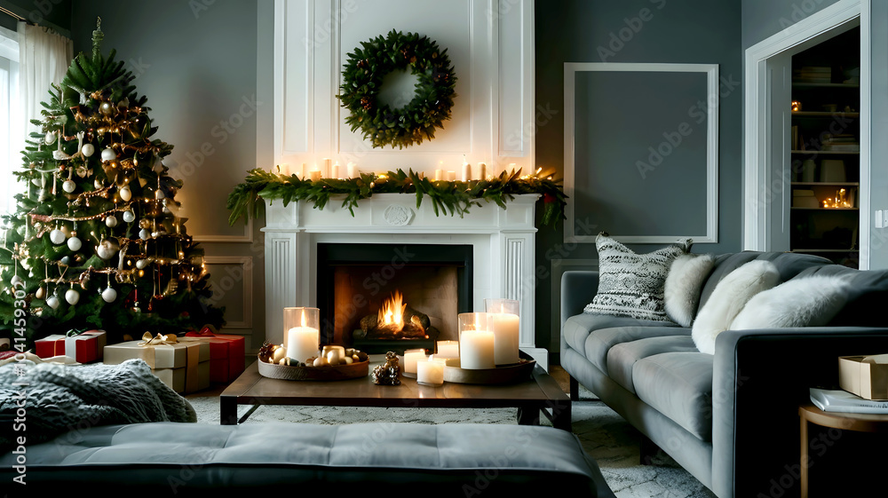 Fototapeta premium Cozy Christmas living room with a burning fire, an elegant fireplace, a white mantel with candles and evergreen garland, a festive wreath, a decorated Christmas tree with lights and ornaments,