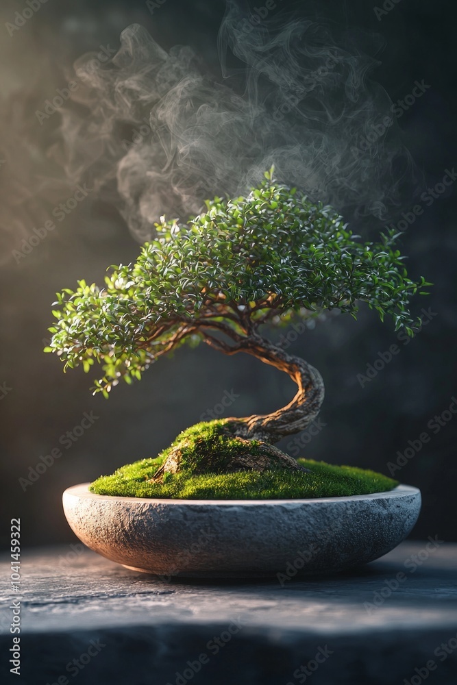 A small bonsai tree in a round stone bowl, with a mossy base and an elegant pose. A small bonsai tree in a round stone bowl, with a mossy base and an elegant pose.