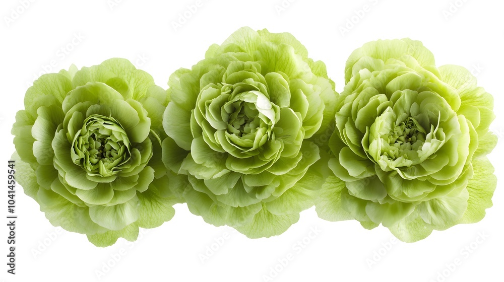 Fototapeta premium Triple green ranunculus: close-up of vibrant petals in bloom