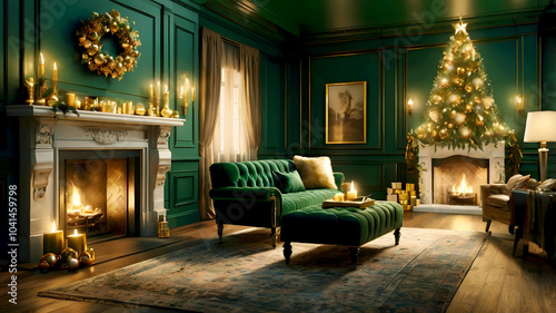 Luxurious Christmas interior with dark green paneled walls, elaborate gold trim, star-topped Christmas tree decorated with gold ornaments, a crackling fireplace
