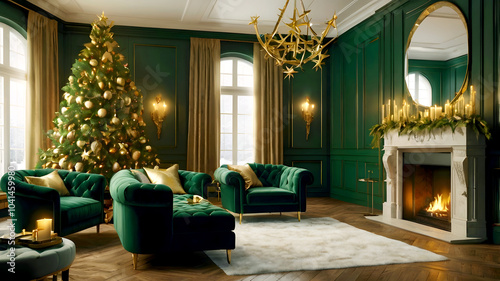 Luxurious Christmas interior with dark green paneled walls, elaborate gold trim, star-topped Christmas tree decorated with gold ornaments, a crackling fireplace