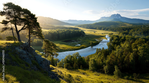 Breathtaking landscape featuring serene river winding through lush green valleys, surrounded by majestic mountains and trees under clear blue sky