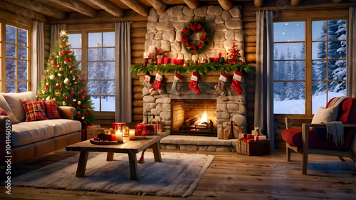 Warm, cozy log cabin interior; decorated Christmas tree with red ornaments and twinkling lights; wooden table in front; hanging stockings for Christmas; rustic stone fireplace; golden glow; pine wood 
