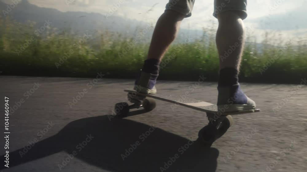 Man riding a Skateboard on a Street surrounded by fields and a forest in Summer. Man riding a Skateboard on a Street surrounded by fields and a forest in Summer.