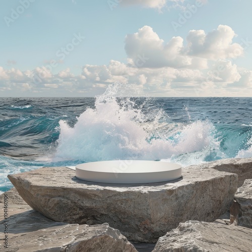 A podium on a rocky shore with waves crashing around it for a dynamic