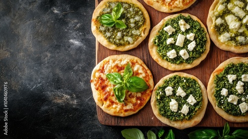 Fresh festival flatbreads with unique toppings like pesto and feta, top view, copy space, no people