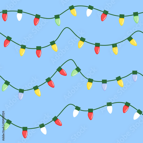 Seamless Pattern with Colorful Lights String. Christmas Garland Decoration.