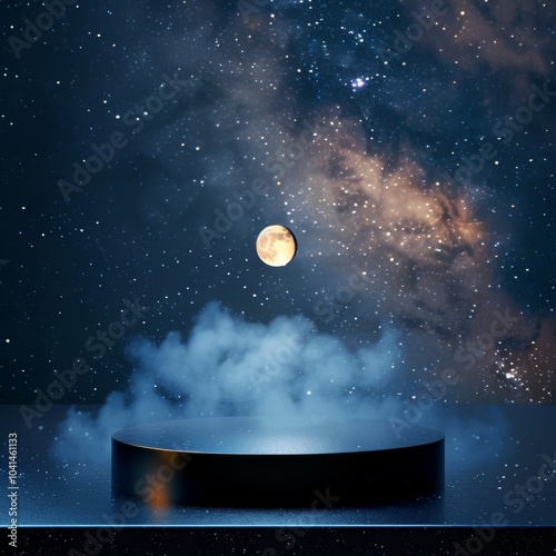 A podium set against a starry night sky with a glowing moon for a celestial-themed product