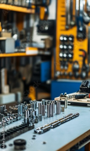 Workshop table with metal parts and tools.