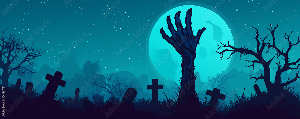 Creepy dirty zombie hand rising from grave in nighttime cemetery with full moon backdrop. Cartoon monster emerging from tomb. Banner with copy space. Halloween celebration and horror themes