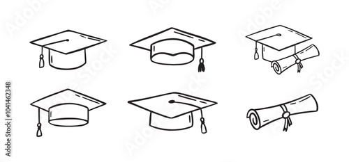 Graduation hat set. Hand drawn doodle Graduation hats sketch line. Education college student success diploma drawing