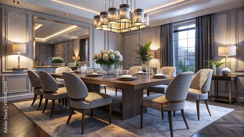 Elegant Dining Table with Modern Chandelier: Stylish Interior Design, Contemporary Decor, Dining Room Inspiration, Home Aesthetics, Chandelier Lighting