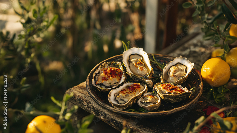 Plate with fresh live raw oysters seashells with citron, bread, butter and served on ice at restaurant in oyster-farming village. Plate with fresh live raw oysters seashells with citron, bread, butter and served on ice at restaurant in oyster-farming village.