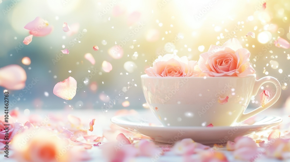 Rose petals and flowers floating around a cup, dreamy and romantic morning scene. Rose petals and flowers floating around a cup, dreamy and romantic morning scene.