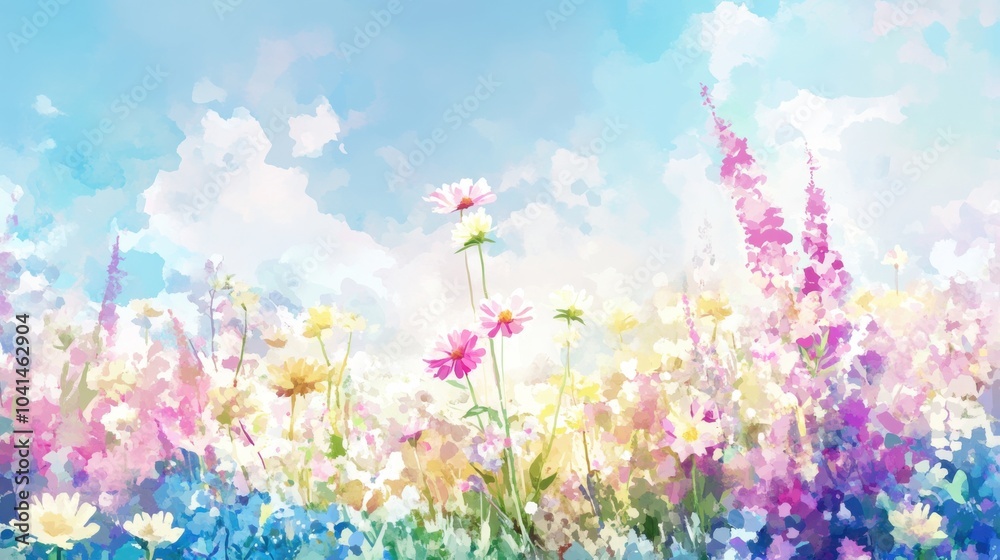 Naklejka premium Soft Watercolor Wildflowers in Serene Landscape
