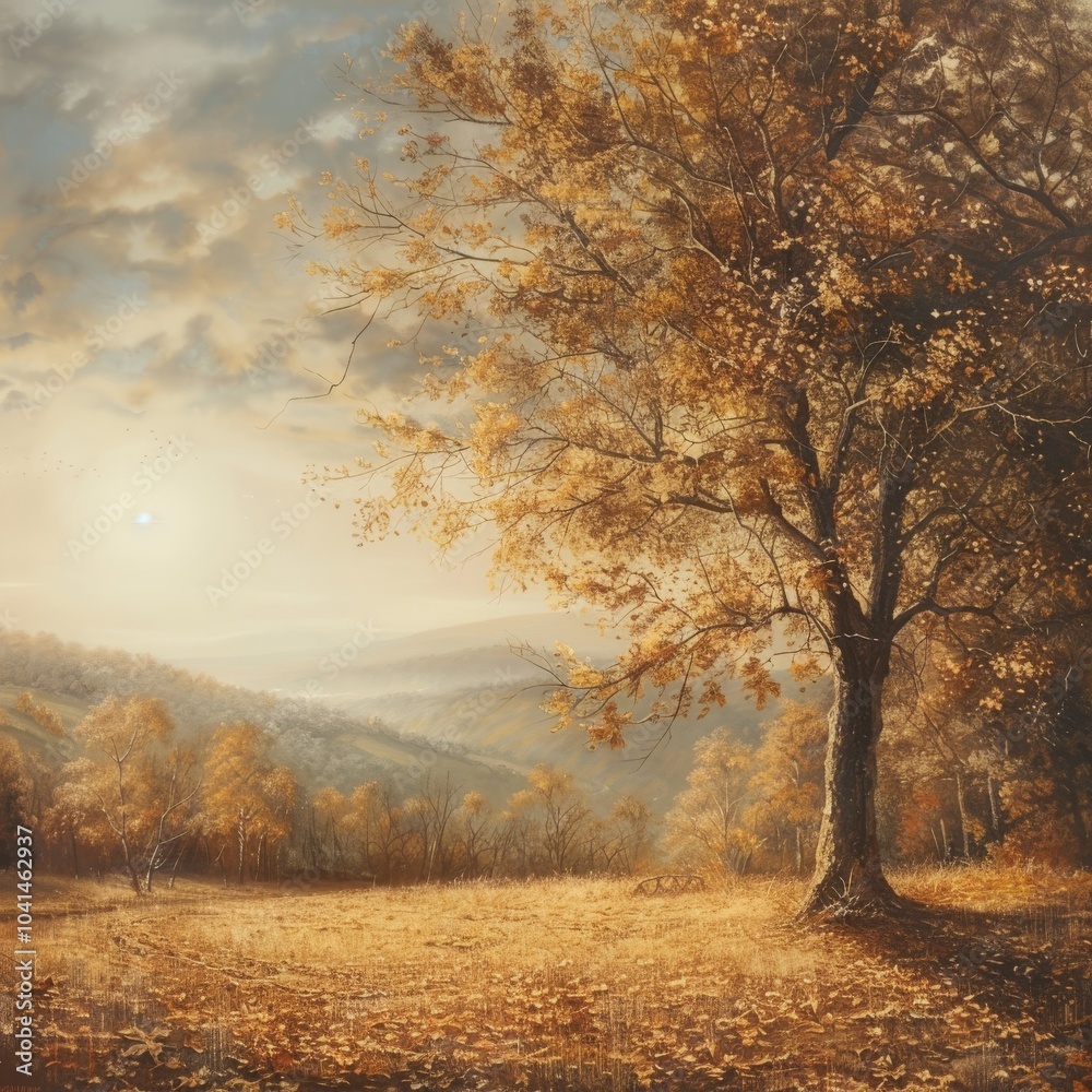 A serene autumn landscape with golden leaves A serene autumn landscape with golden leaves