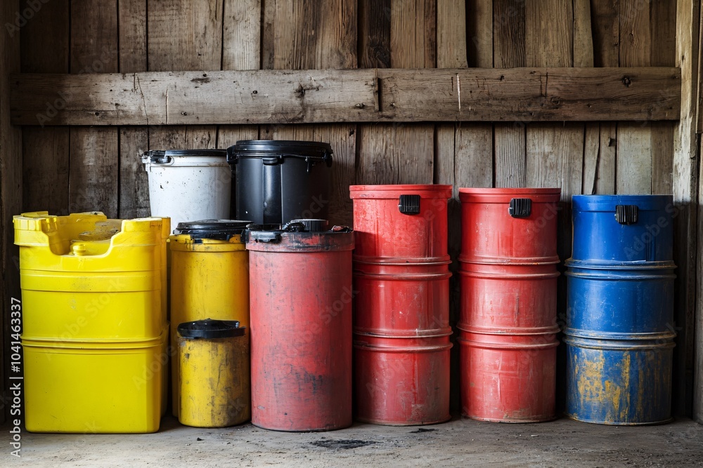 Industrial Barrels Stacked Against Wooden Wall Industrial Barrels Stacked Against Wooden Wall