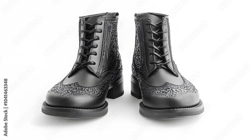 Stylish black leather boots with intricate pattern design on white background Stylish black leather boots with intricate pattern design on white background