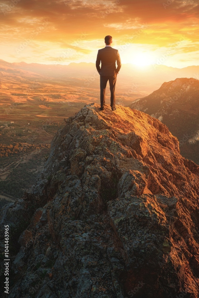 Fototapeta premium A businessman in a suit standing on top of a mountain peak, overlooking a beautiful landscape at sunrise or sunset, symbolizing the concept of success and achievement. 