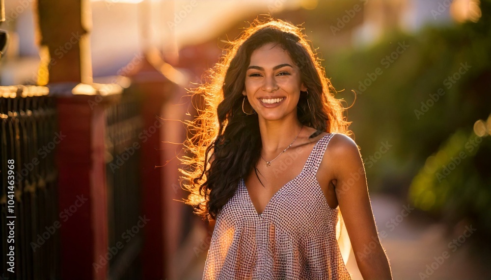 A cheerful woman with glowing skin enjoying a beach sunset. A cheerful woman with glowing skin enjoying a beach sunset.