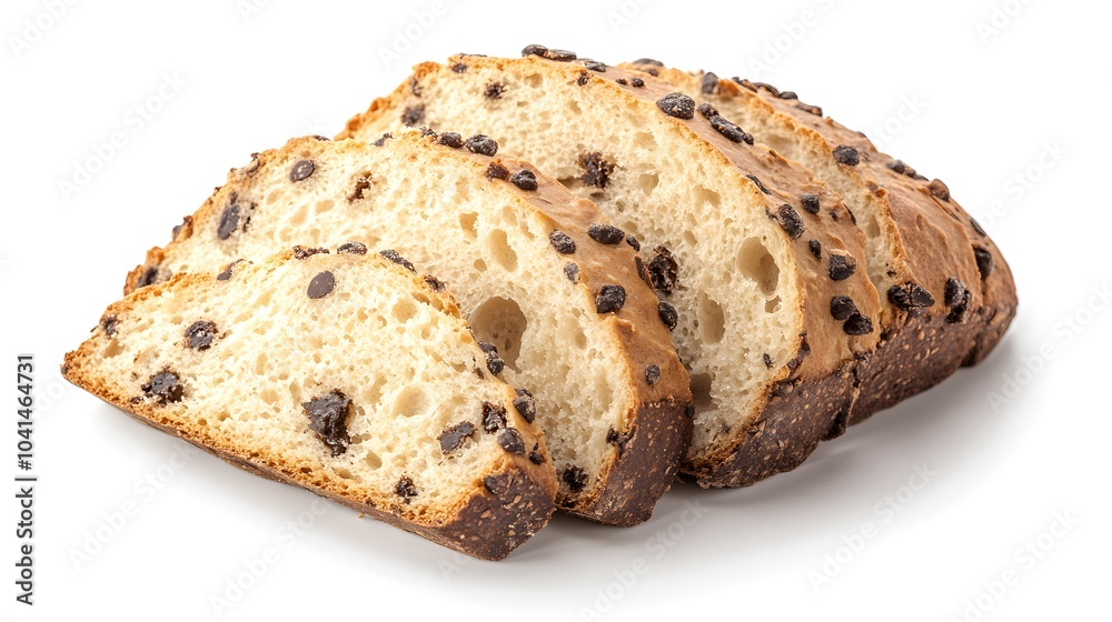 Chocolate chip bread slices on white background showcasing texture and freshness Chocolate chip bread slices on white background showcasing texture and freshness
