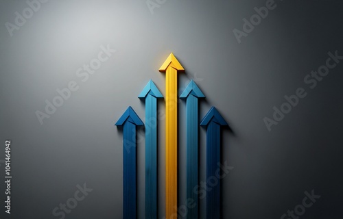 A yellow arrow stands out among a group of four blue arrows pointing upward against a gray background. photo