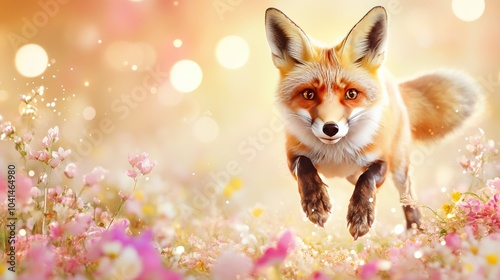 fox leaping through pastel flower field, showcasing its playful spirit