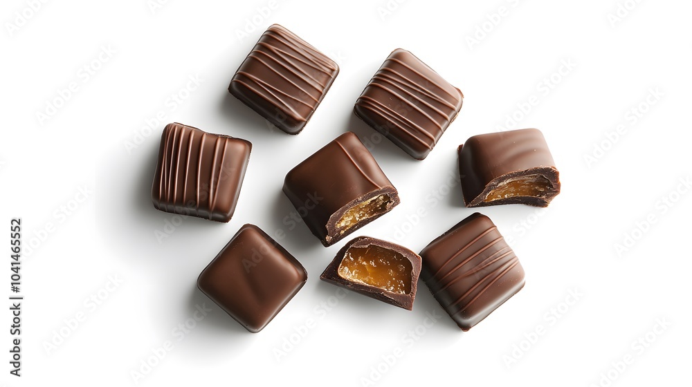 Assorted dark chocolate caramels - indulgent sweet treats with a variety of textures and flavors Assorted dark chocolate caramels - indulgent sweet treats with a variety of textures and flavors