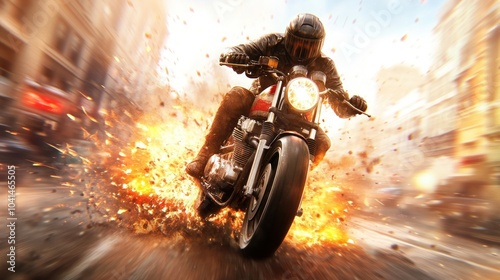 Speeding motorcyclist creates explosive scene of action and thrill photo