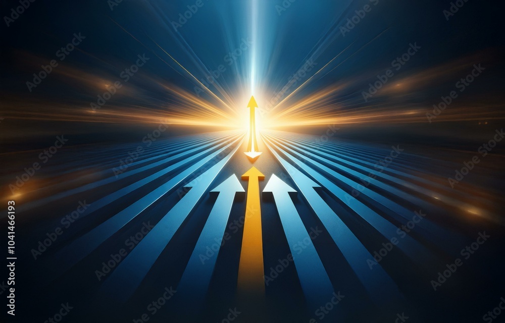 Fototapeta premium A single yellow arrow leads towards a bright light surrounded by a path of blue arrows.