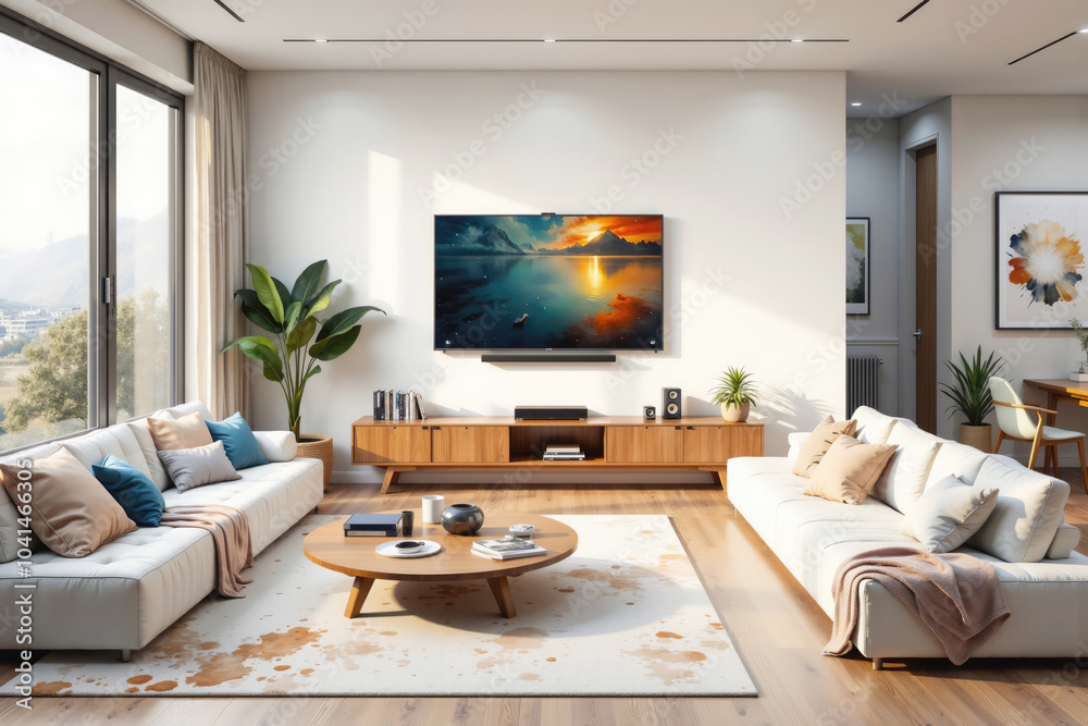 Fototapeta premium Modern living room with tv playing movie and big window letting light in