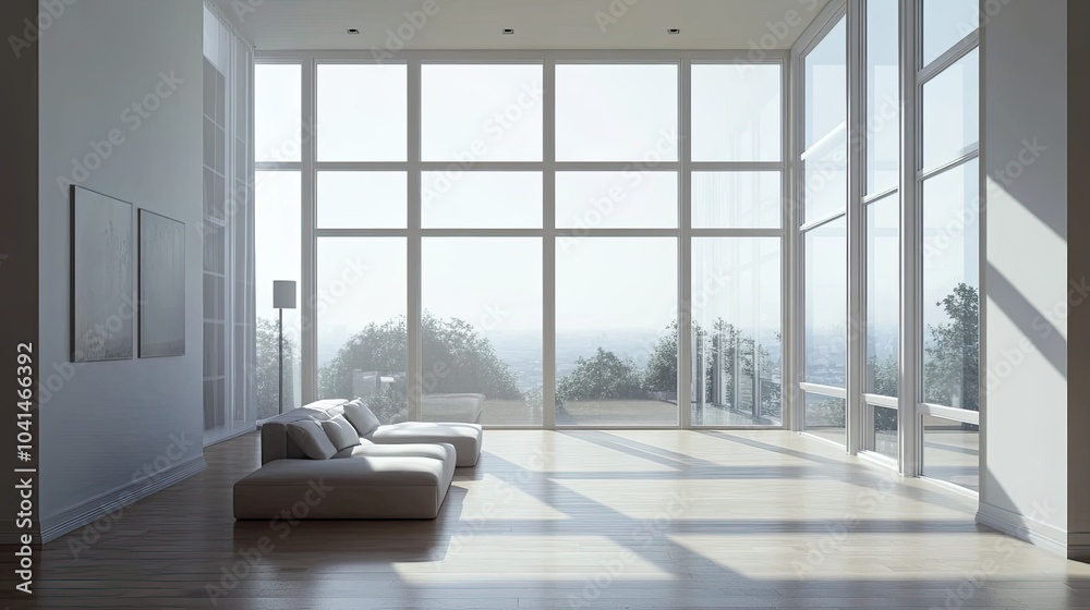 Fototapeta premium Minimalist living room with stylish furniture and large windows, no people, room for text
