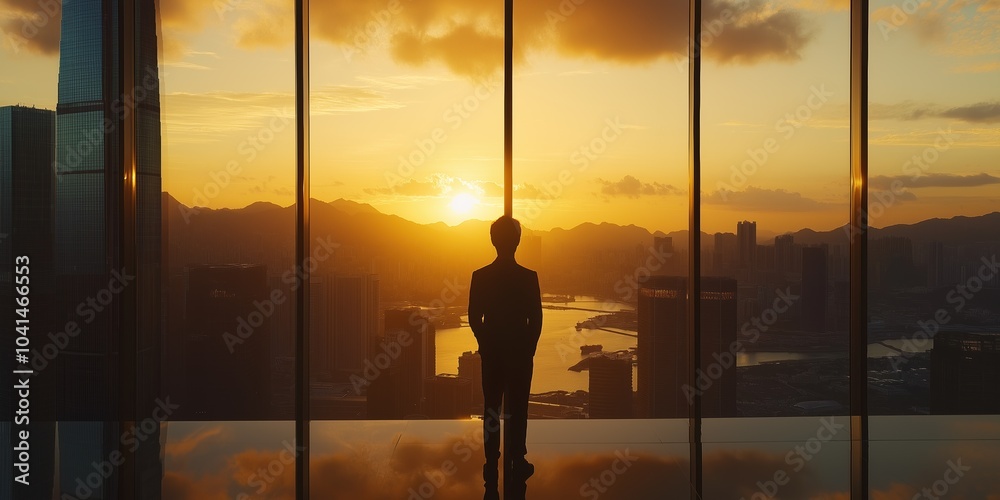 A man stands in front of a window looking out at the city. The sun is setting, casting a warm glow over the buildings. The man is lost in thought A man stands in front of a window looking out at the city. The sun is setting, casting a warm glow over the buildings. The man is lost in thought