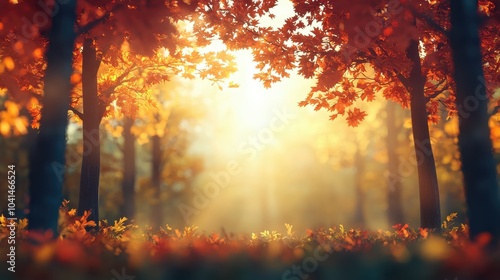 Golden autumn forest with sunlight rays photo