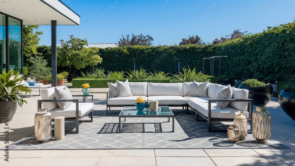 Fototapeta premium Modern Outdoor Patio with Chic Furniture and Lush Gre