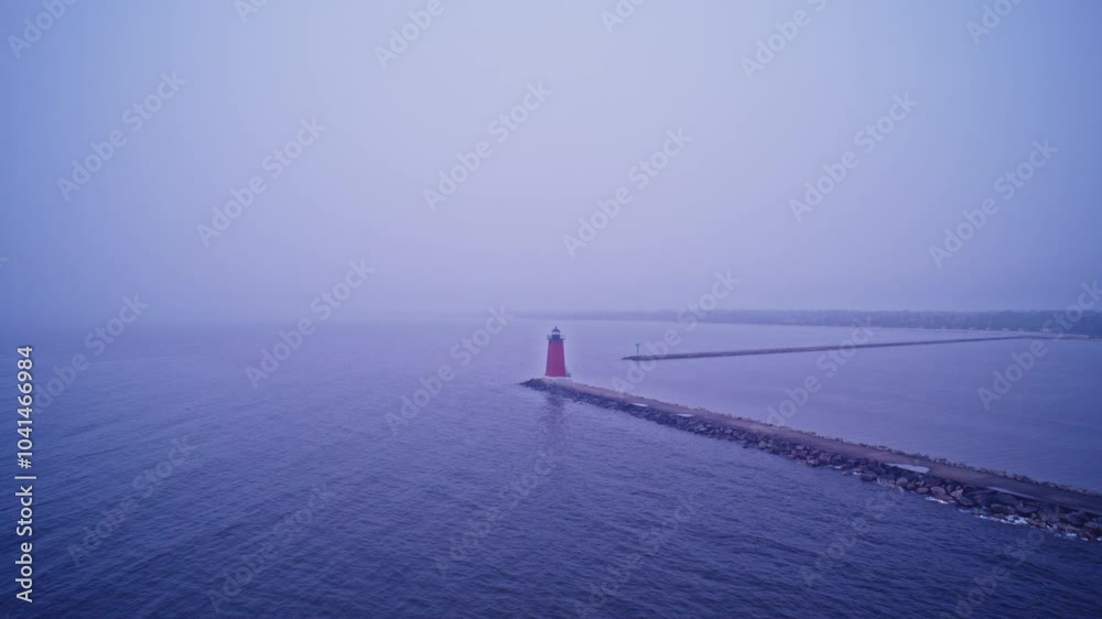 Drone shot flying back away from lighthouse on the end of breakwater in Lake Michigan Drone shot flying back away from lighthouse on the end of breakwater in Lake Michigan