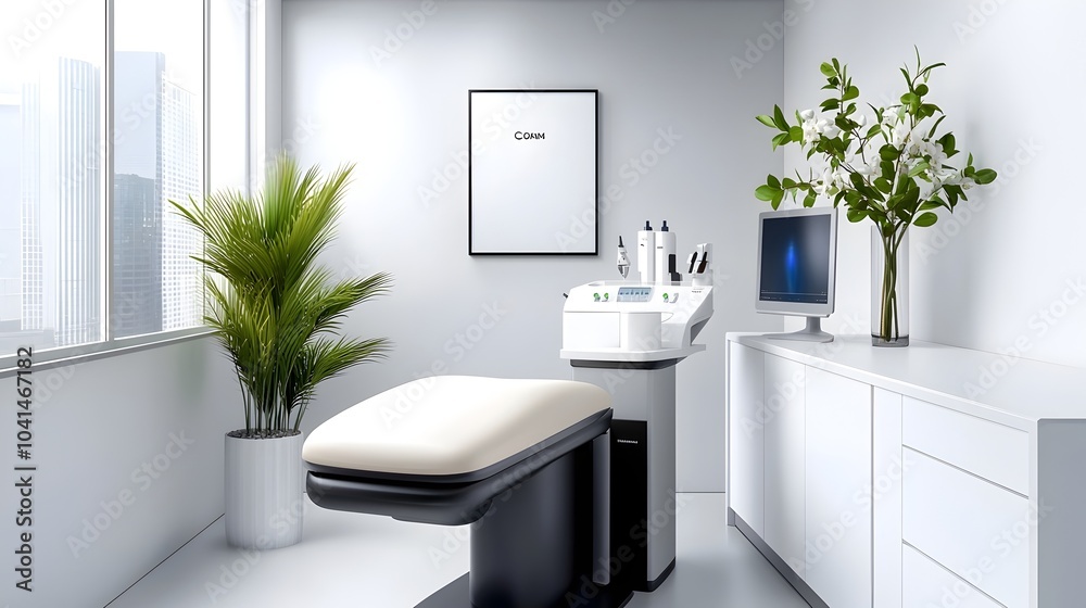 Fototapeta premium Minimalist Black and White Graphic of a High Tech Dental Clinic Interior Featuring Abstract Technology Accents and a Clean Modernist Design Aesthetic