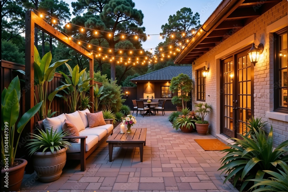 Fototapeta premium Experience a Cozy and Inviting Outdoor Living Space Adorned with Stylish Lighting and Lush Greenery