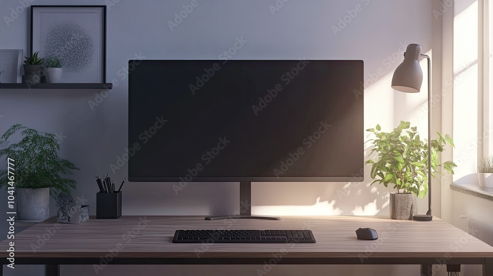 Minimalist workspace with clean desk and large monitor, no people, ample space for copy text