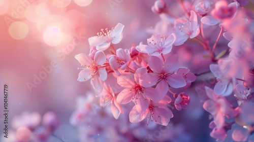 A Stunning Display of Cherry Blossoms Bathed in Soft Lavender and Dusty Rose Hues of Spring