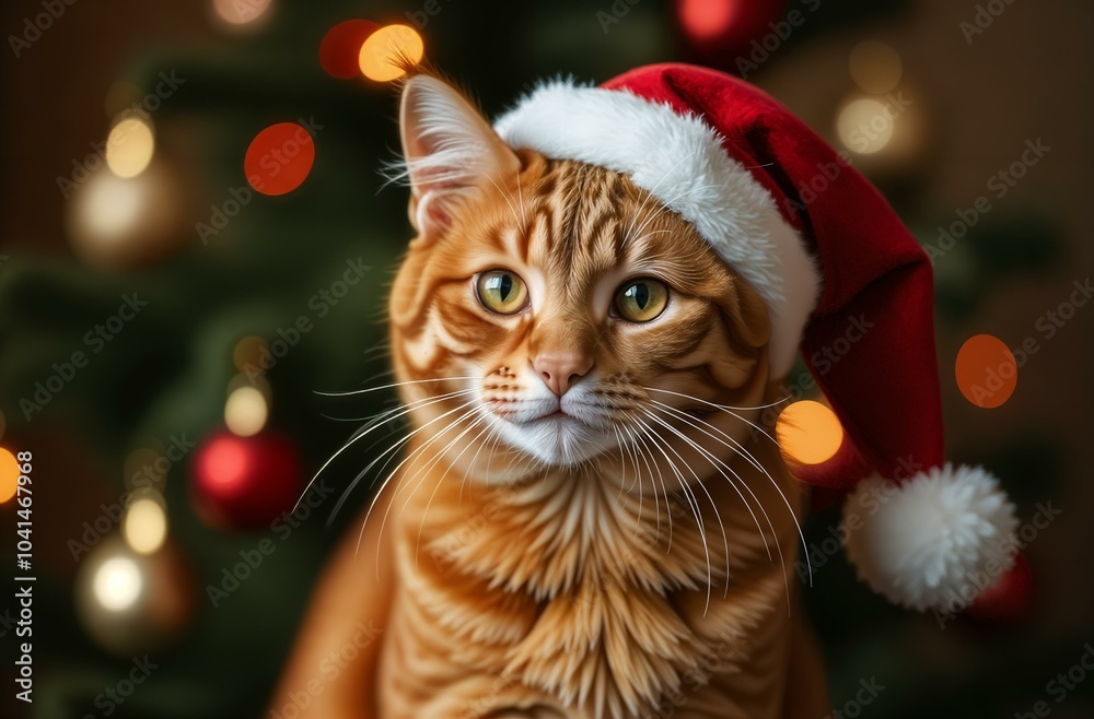 Ginger Cat with a red Christmas santa hat, with a red bow tie on a blurred background with a decorated Christmas tree with highlights with Christmas decorations and ornaments Ginger Cat with a red Christmas santa hat, with a red bow tie on a blurred background with a decorated Christmas tree with highlights with Christmas decorations and ornaments